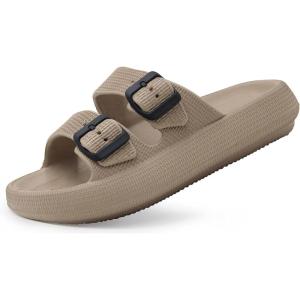 imageWeweya Sandals for Women and Men  Pillow Slippers  Double Buckle Adjustable Slides  EVA Flat SandalsKhaki