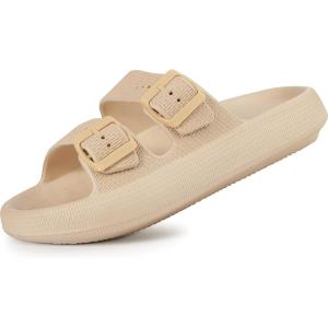 imageWeweya Sandals for Women and Men  Pillow Slippers  Double Buckle Adjustable Slides  EVA Flat SandalsTan