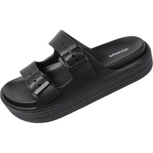 imageWeweya Platform Sandals for Women  Double Layer Slip On Sandals  Adjustable Buckle Casual SandalsBlack