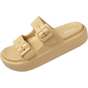 imageWeweya Platform Sandals for Women  Double Layer Slip On Sandals  Adjustable Buckle Casual SandalsBrown