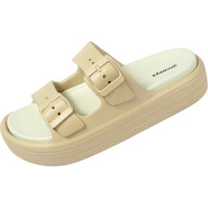 imageWeweya Platform Sandals for Women  Double Layer Slip On Sandals  Adjustable Buckle Casual SandalsKhaki
