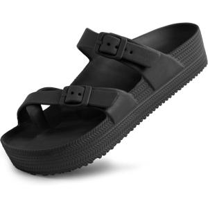imageWeweya Womens Sandal with Arch Support  Adjustable Buckle Straps Beach Slides  Summer Lightweight Flip Flops SandalsBlack