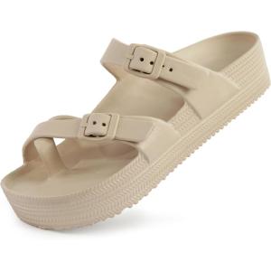 imageWeweya Womens Sandal with Arch Support  Adjustable Buckle Straps Beach Slides  Summer Lightweight Flip Flops SandalsLight Brown