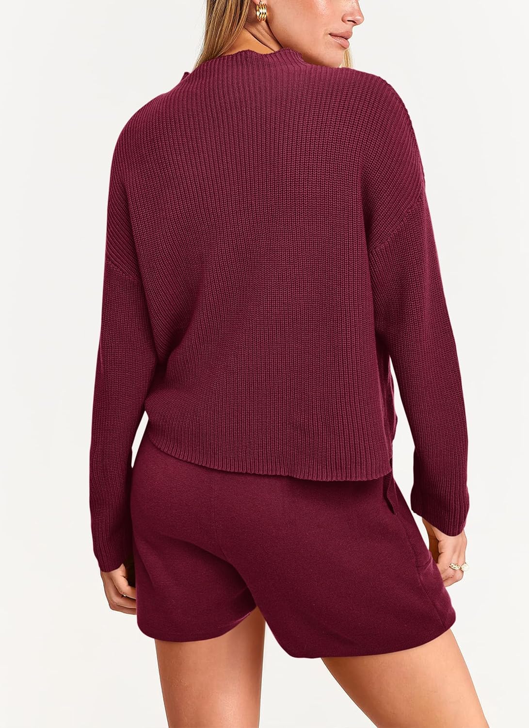 imagePRETTYGARDEN Women 2 Piece Knit Sweater Outfit Long Sleeve Pullover Top Wide Leg Shorts Loungewear Sweatsuits SetWine Red