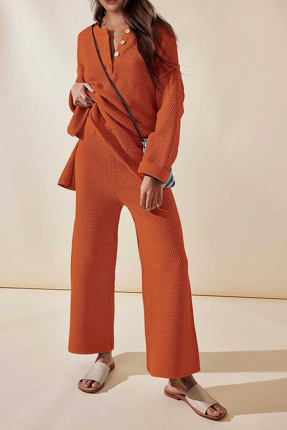 imagePRETTYGARDEN Womens 2 Piece Tracksuit Outfits 2023 Fall Knit Sweater And Wide Leg Pants Sweatsuit Lounge SetsCaramel