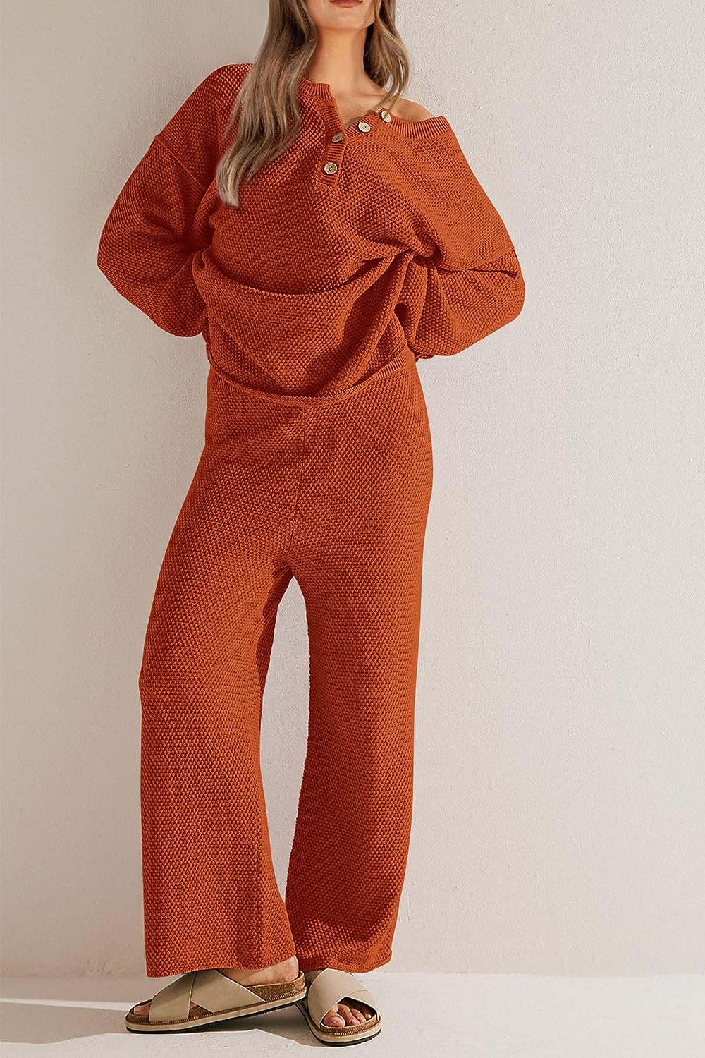imagePRETTYGARDEN Womens 2 Piece Tracksuit Outfits 2023 Fall Knit Sweater And Wide Leg Pants Sweatsuit Lounge SetsCaramel