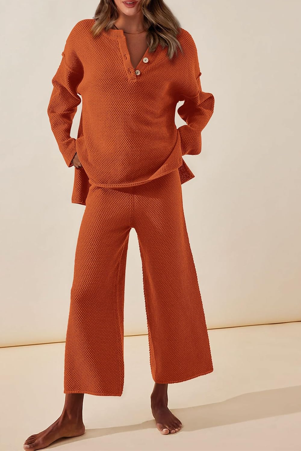 imagePRETTYGARDEN Womens 2 Piece Tracksuit Outfits 2023 Fall Knit Sweater And Wide Leg Pants Sweatsuit Lounge SetsCaramel