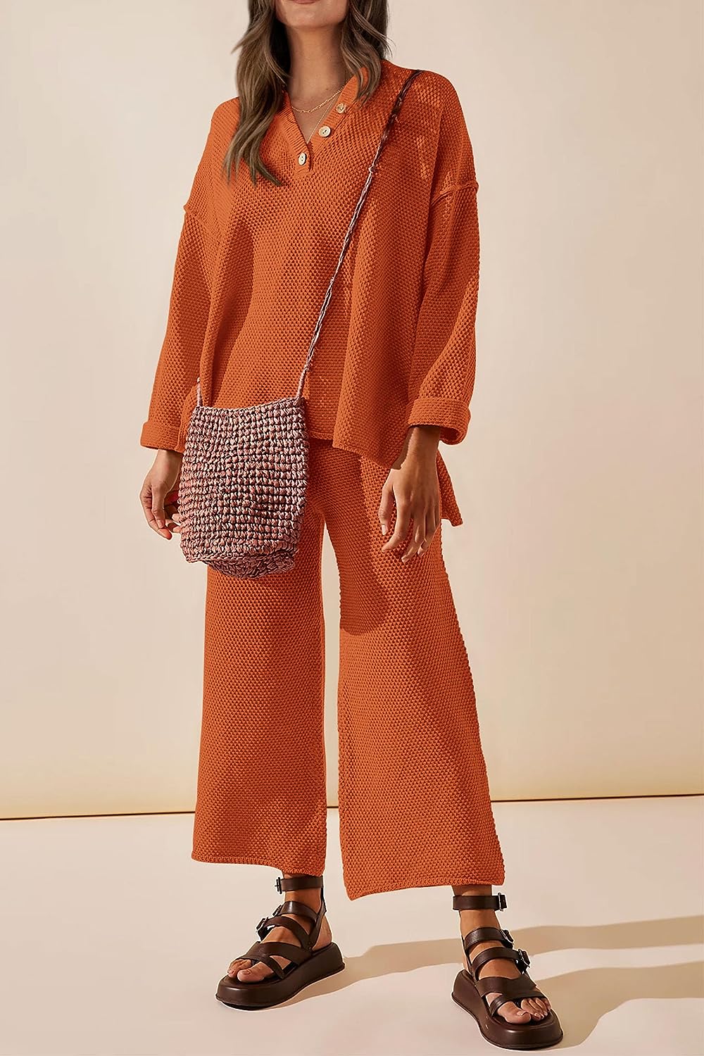 imagePRETTYGARDEN Womens 2 Piece Tracksuit Outfits 2023 Fall Knit Sweater And Wide Leg Pants Sweatsuit Lounge SetsCaramel