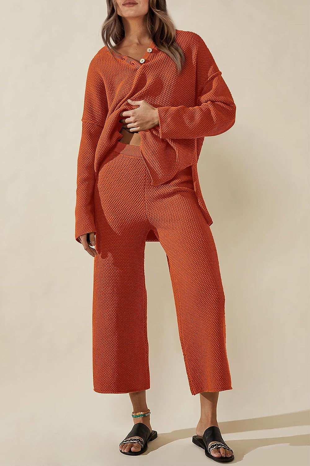 imagePRETTYGARDEN Womens 2 Piece Tracksuit Outfits 2023 Fall Knit Sweater And Wide Leg Pants Sweatsuit Lounge SetsCaramel
