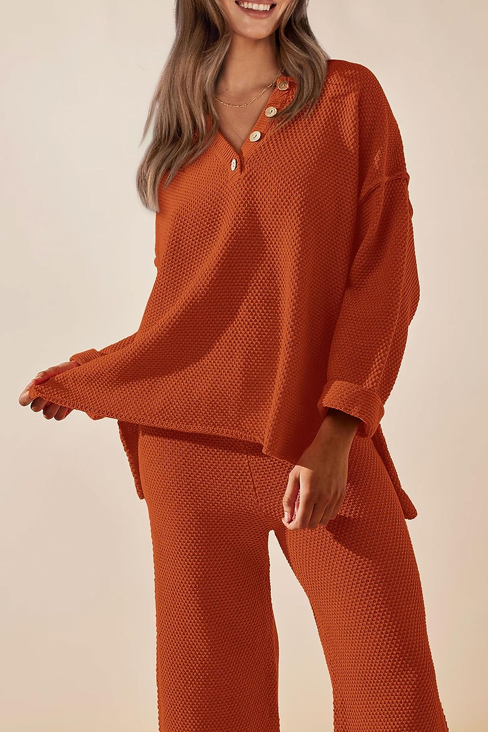 imagePRETTYGARDEN Womens 2 Piece Tracksuit Outfits 2023 Fall Knit Sweater And Wide Leg Pants Sweatsuit Lounge SetsCaramel