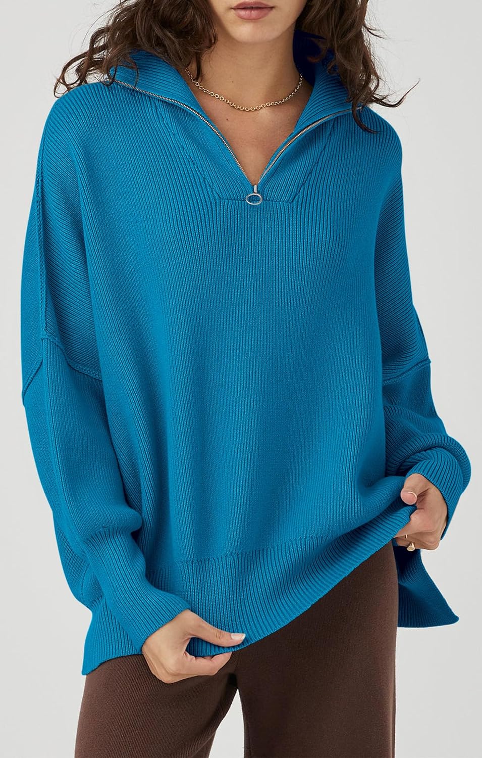 imagePRETTYGARDEN Womens 2023 Fall Pullover Oversized Sweaters Casual Long Sleeve Zip Up Collared Winter Tops BlouseBlue