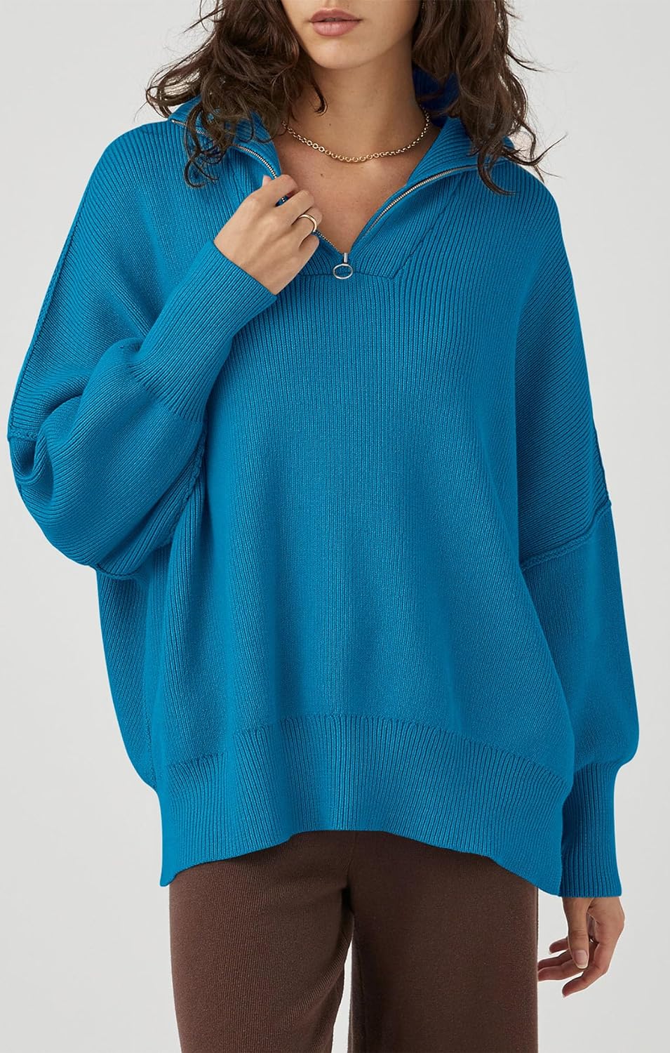 imagePRETTYGARDEN Womens 2023 Fall Pullover Oversized Sweaters Casual Long Sleeve Zip Up Collared Winter Tops BlouseBlue