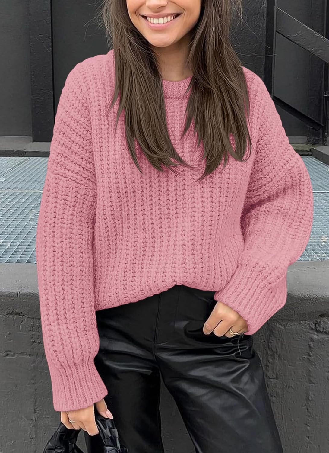imagePRETTYGARDEN Womens Fall Sweaters Casual Long Sleeve Pullover Crewneck Ribbed Knit Jumper Tops Plain BlousePink