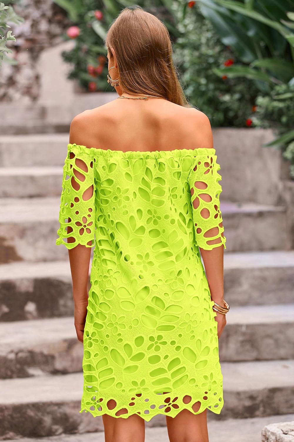 imagePRETTYGARDEN Womens Summer Off Shoulder Vintage Floral Lace Flare Short Sleeve Loose Elegant Mini DressFluorescent Green