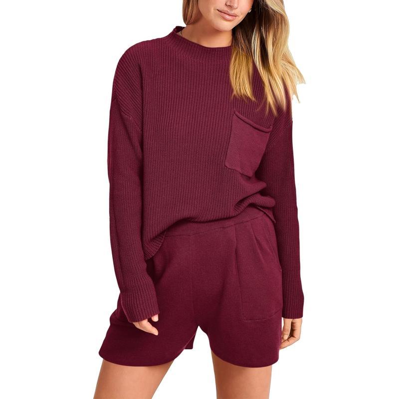 imagePRETTYGARDEN Women 2 Piece Knit Sweater Outfit Long Sleeve Pullover Top Wide Leg Shorts Loungewear Sweatsuits SetWine Red