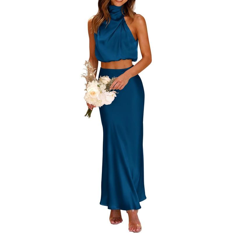 imagePRETTYGARDEN Womens 2 Piece Satin Outfits Summer Sleeveless Mock Neck Crop Tops And Long Skirt Dress SetsDark Blue