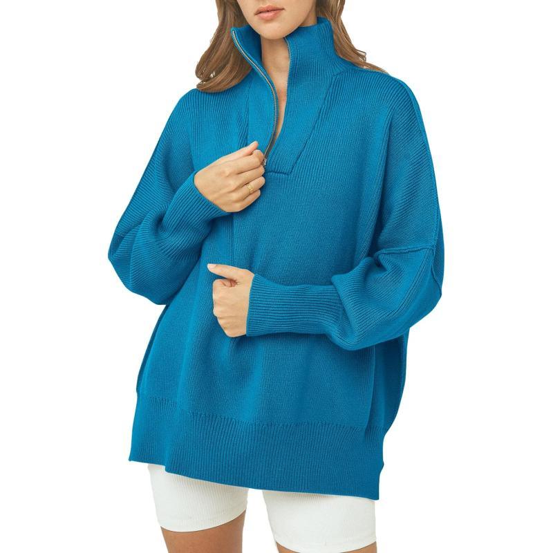 imagePRETTYGARDEN Womens 2023 Fall Pullover Oversized Sweaters Casual Long Sleeve Zip Up Collared Winter Tops BlouseBlue