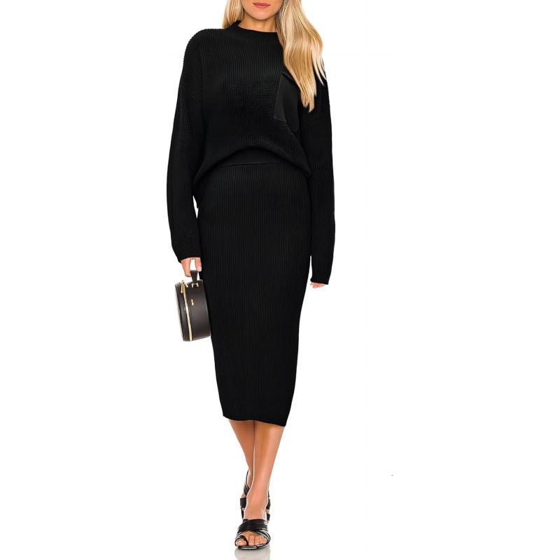 imagePRETTYGARDEN Womens 2023 Fall Two Piece Outfits Ribbed Knit Long Sleeve Pullover Sweater And Bodycon Midi Skirt SetsBlack