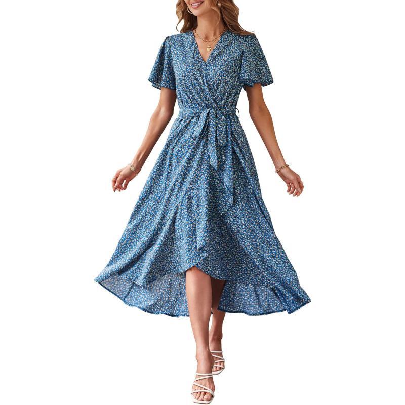 imagePRETTYGARDEN Womens 2023 Floral Boho Dress Wrap V Neck Short Sleeve Belted Ruffle Hem ALine Flowy Maxi DressesPrint Blue