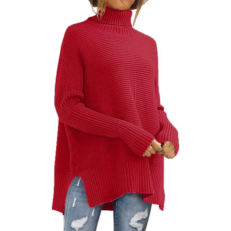imagePRETTYGARDEN Womens 2023 Oversized Turtleneck Sweater Casual Long Sleeve Chunky Knit Pullover Winter Tops BlouseRed