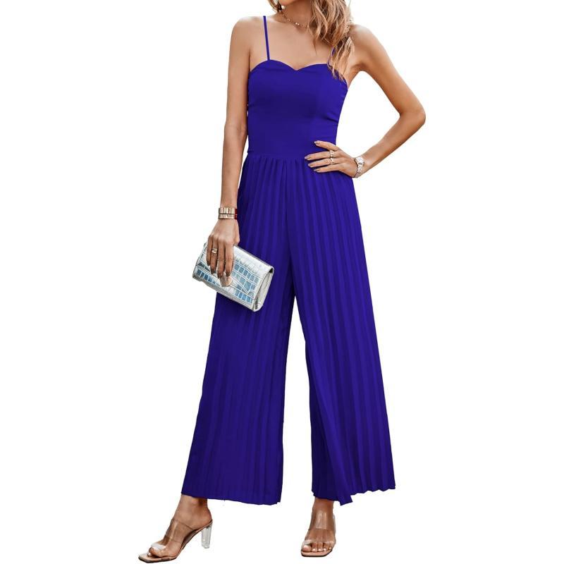imagePRETTYGARDEN Womens 2023 Sleeveless Jumpsuit Elegant Sweetheart Neck Pleated Wide Leg Pants RompersBlue