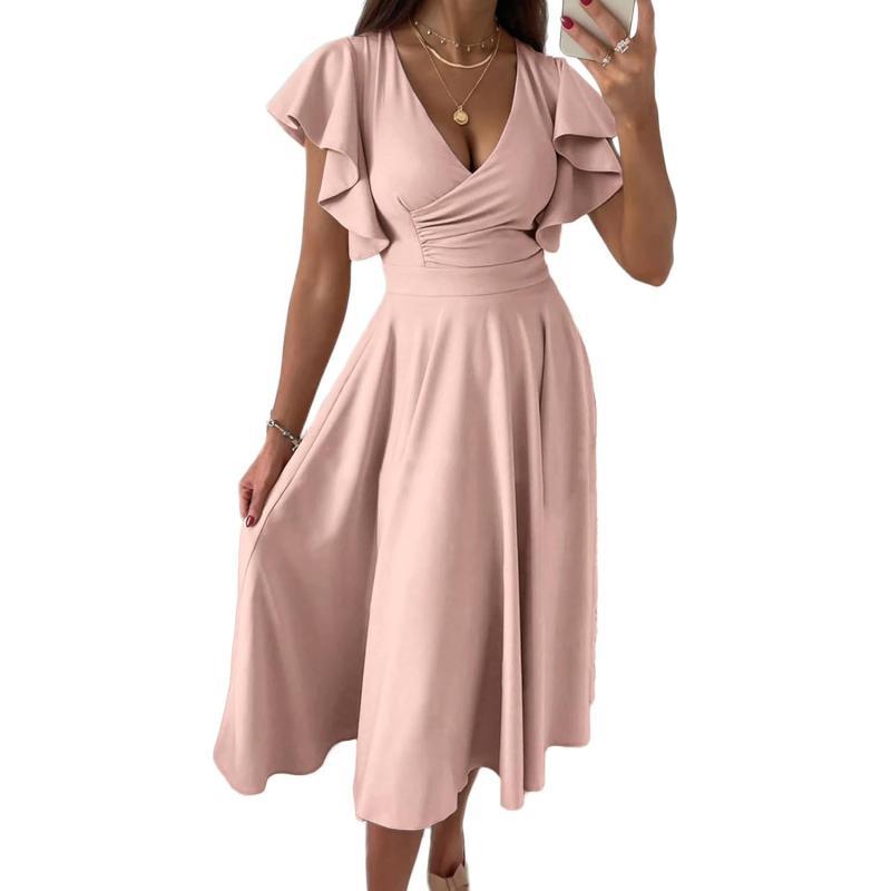 imagePRETTYGARDEN Womens 2023 Summer Midi Dress Ruffle Cap Sleeve V Neck Swing A Line Cocktail Party DressesApricot