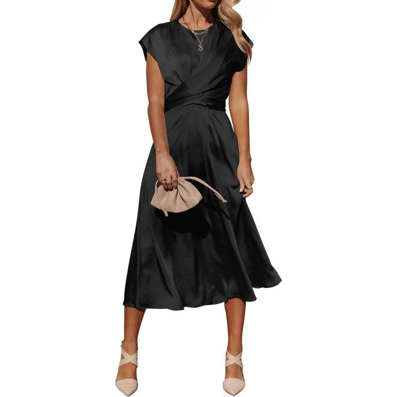 imagePRETTYGARDEN Womens 2023 Summer Satin Midi Dress Cap Sleeve Tie Waist Elegant ALine Flowy DressesBlack