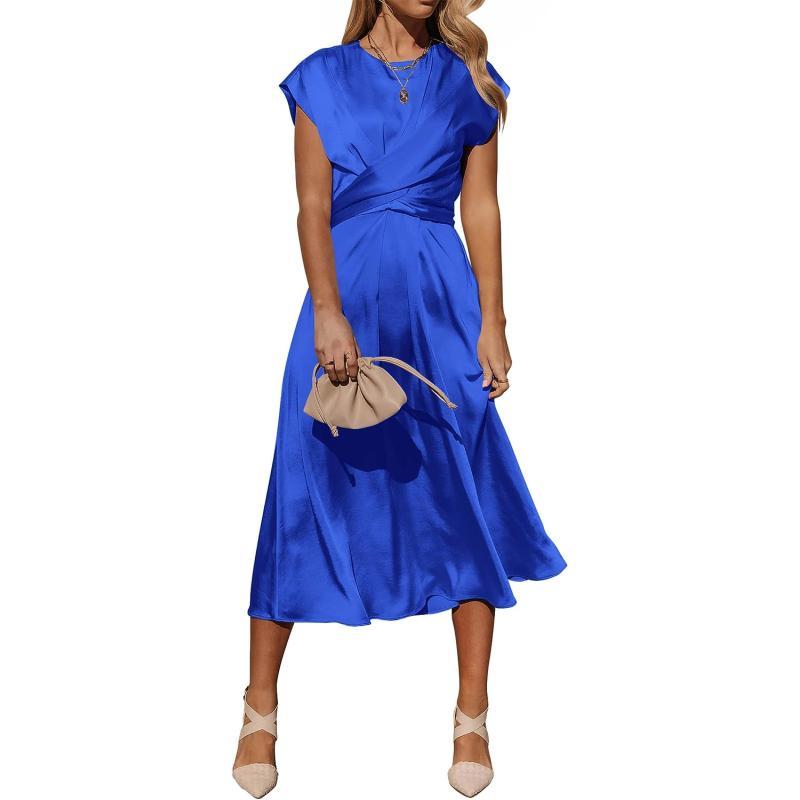 imagePRETTYGARDEN Womens 2023 Summer Satin Midi Dress Cap Sleeve Tie Waist Elegant ALine Flowy DressesBrilliant Blue