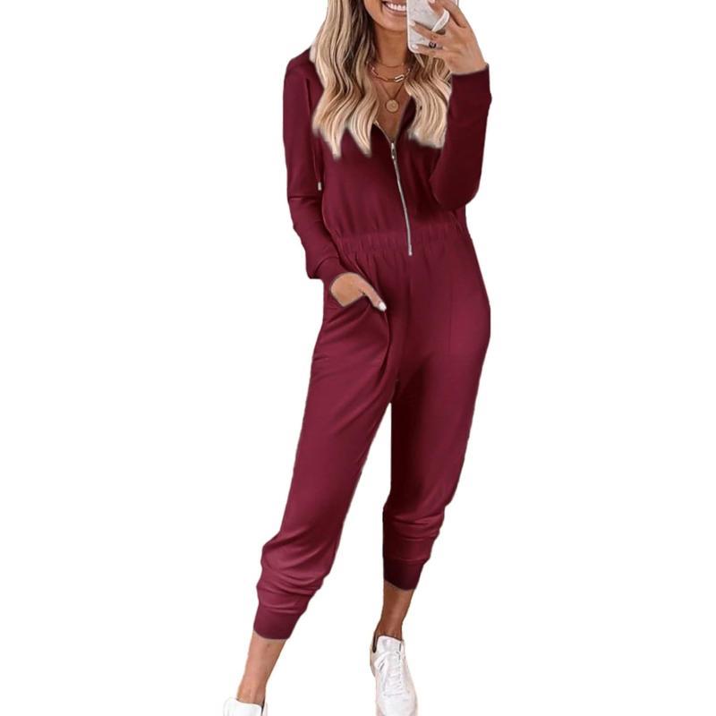 imagePRETTYGARDEN Womens Casual Long Sleeve Hooded Jumpsuits Zip Up One Piece Outfit Romper with PocketsWine Red