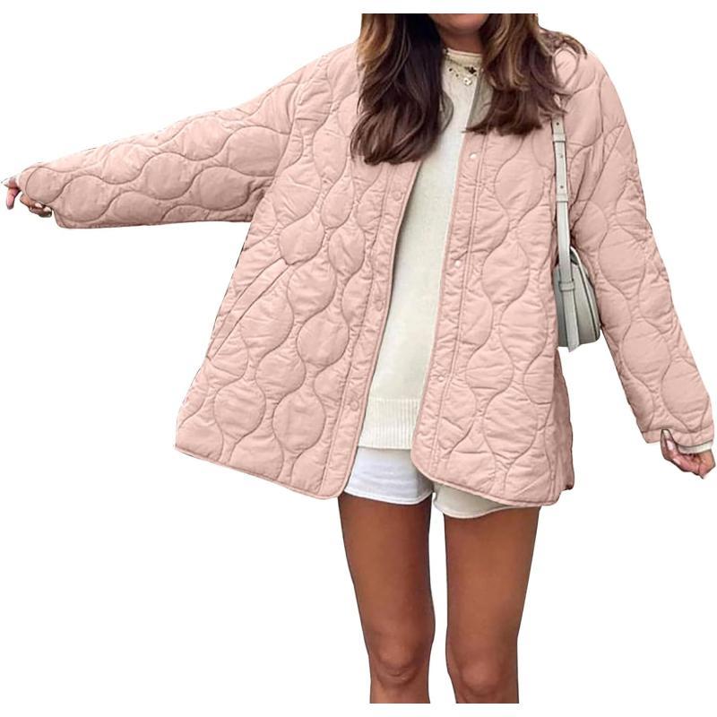 imagePRETTYGARDEN Womens Fall Fashion 2023 Quilted Bomber Jacket Casual Oversized Button Down Coat OuterwearLight Pink