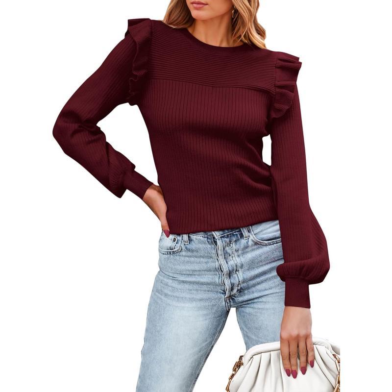 imagePRETTYGARDEN Womens Ruffle Shoulder Long Sleeve Sweaters Crew Neck Slim Fitted 2023 Fall Ribbed Knit TopsWine Red