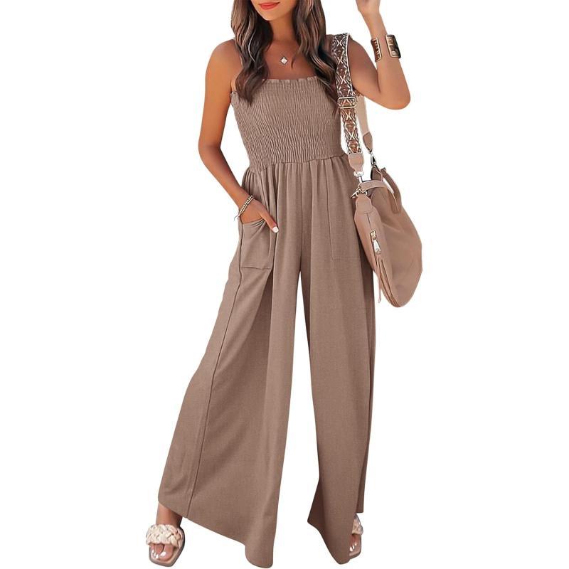 imagePRETTYGARDEN Womens Summer Jumpsuits Dressy Casual One Piece Outfits Linen Smocked Spaghetti Strap Pockets Wide Leg RompersKhaki