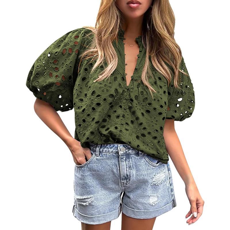imagePRETTYGARDEN Womens Summer Tops Dressy Casual Short Lantern Sleeve V Neck Buttons Hollow Out Lace Embroidered Blouses ShirtsArmy Green
