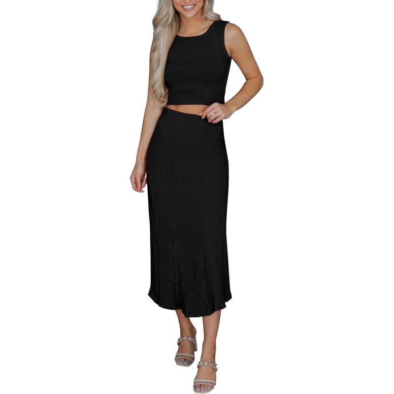 imagePRETTYGARDEN Womens Summer Two Piece Outfits Ribbed Crewneck Sleeveless Cropped Tank Tops and Bodycon Midi Skirt Matching SetBlack