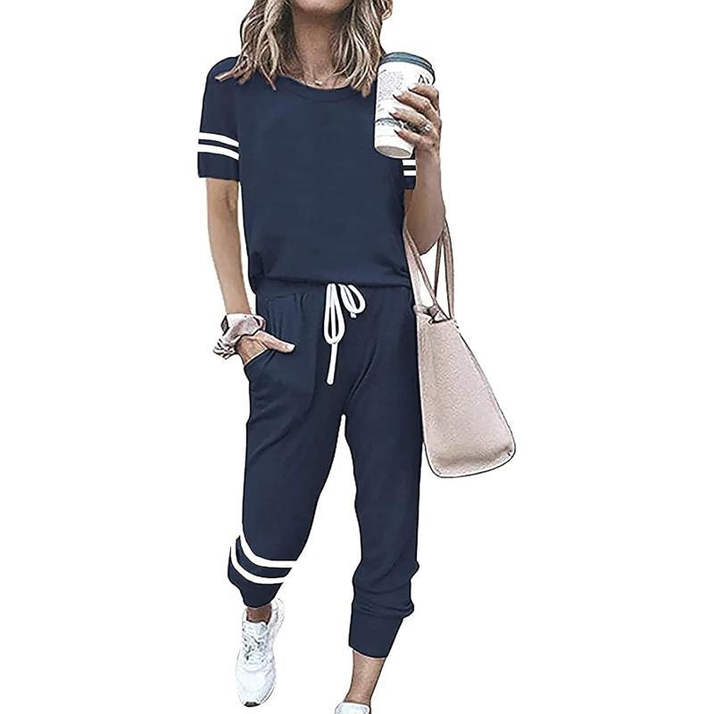imagePRETTYGARDEN Womens Two Piece Outfits Striped Short Sleeve Pullover and Long Pants Tracksuit Pajama Lounge Jogger SetsDark Blue