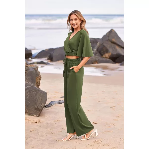 imagePRETTYGARDEN 2 Piece Outfits for Women 2023 Summer Short Sleeve Wrap V Neck Crop Tops Wide Leg Pants SetArmy Green