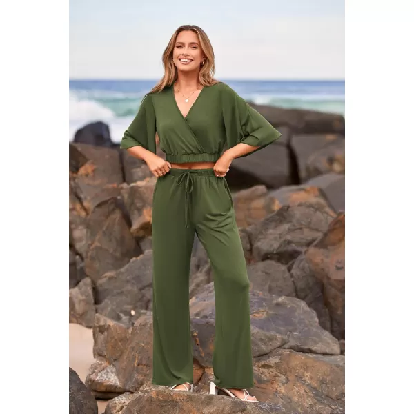 imagePRETTYGARDEN 2 Piece Outfits for Women 2023 Summer Short Sleeve Wrap V Neck Crop Tops Wide Leg Pants SetArmy Green