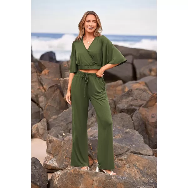 imagePRETTYGARDEN 2 Piece Outfits for Women 2023 Summer Short Sleeve Wrap V Neck Crop Tops Wide Leg Pants SetArmy Green