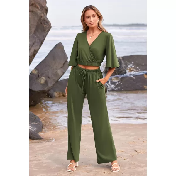 imagePRETTYGARDEN 2 Piece Outfits for Women 2023 Summer Short Sleeve Wrap V Neck Crop Tops Wide Leg Pants SetArmy Green