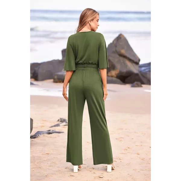 imagePRETTYGARDEN 2 Piece Outfits for Women 2023 Summer Short Sleeve Wrap V Neck Crop Tops Wide Leg Pants SetArmy Green