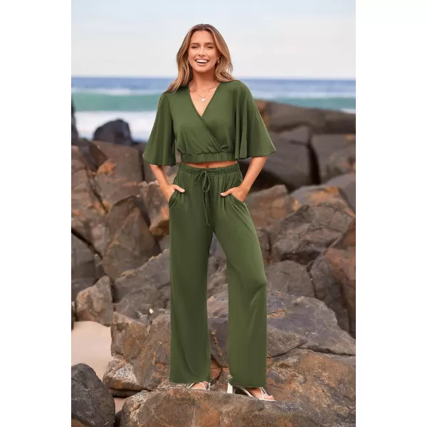 imagePRETTYGARDEN 2 Piece Outfits for Women 2023 Summer Short Sleeve Wrap V Neck Crop Tops Wide Leg Pants SetArmy Green