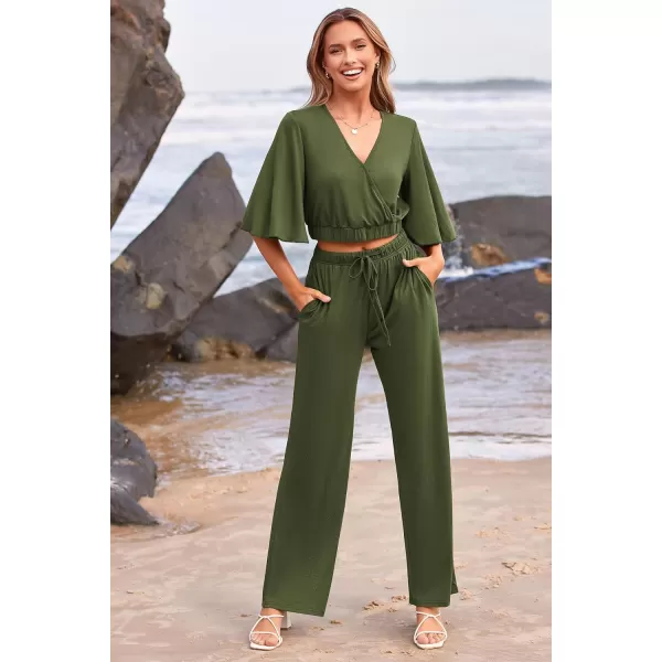 imagePRETTYGARDEN 2 Piece Outfits for Women 2023 Summer Short Sleeve Wrap V Neck Crop Tops Wide Leg Pants SetArmy Green