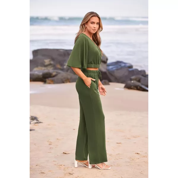 imagePRETTYGARDEN 2 Piece Outfits for Women 2023 Summer Short Sleeve Wrap V Neck Crop Tops Wide Leg Pants SetArmy Green