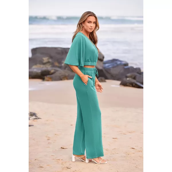 imagePRETTYGARDEN 2 Piece Outfits for Women 2023 Summer Short Sleeve Wrap V Neck Crop Tops Wide Leg Pants SetBean Green