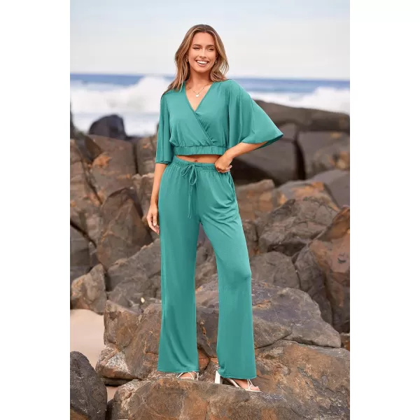 imagePRETTYGARDEN 2 Piece Outfits for Women 2023 Summer Short Sleeve Wrap V Neck Crop Tops Wide Leg Pants SetBean Green