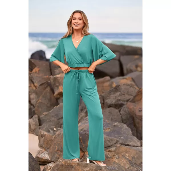 imagePRETTYGARDEN 2 Piece Outfits for Women 2023 Summer Short Sleeve Wrap V Neck Crop Tops Wide Leg Pants SetBean Green