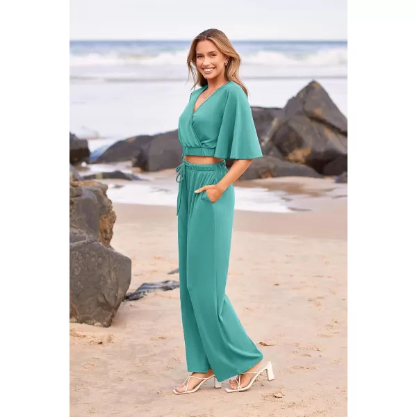 imagePRETTYGARDEN 2 Piece Outfits for Women 2023 Summer Short Sleeve Wrap V Neck Crop Tops Wide Leg Pants SetBean Green