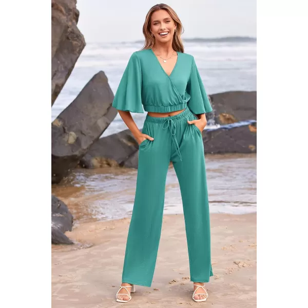 imagePRETTYGARDEN 2 Piece Outfits for Women 2023 Summer Short Sleeve Wrap V Neck Crop Tops Wide Leg Pants SetBean Green