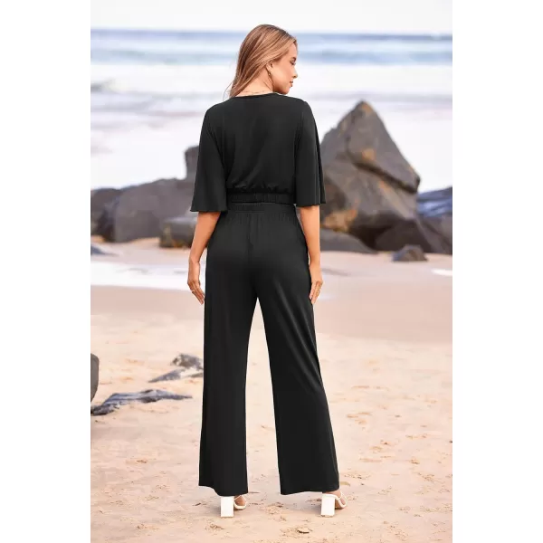 imagePRETTYGARDEN 2 Piece Outfits for Women 2023 Summer Short Sleeve Wrap V Neck Crop Tops Wide Leg Pants SetBlack