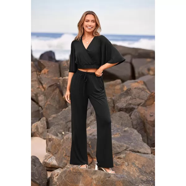 imagePRETTYGARDEN 2 Piece Outfits for Women 2023 Summer Short Sleeve Wrap V Neck Crop Tops Wide Leg Pants SetBlack